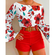Bell Sleeve Floral Print Top & Shorts Set - red