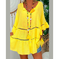 Bell Sleeve Hollow Out Buttoned Casual Dress - yellow