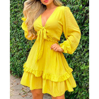 Bell Sleeve Layered Ruffles Tied Detail Dress - yellow