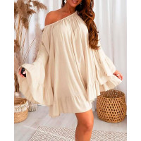 Bell Sleeve Ruffle Hem Casual Swing Dress - Apricot