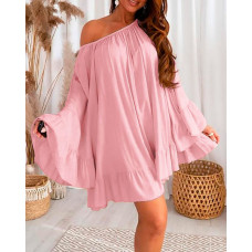 Bell Sleeve Ruffle Hem Casual Swing Dress - pink