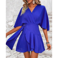 Bell Sleeve Ruffle Hem Mini Dress - blue