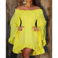 Bell Sleeve Ruffles Frill Hem Casual Dress - yellow