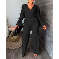 Bell Sleeve Tied Detail Wrap Top & Pants Set - black