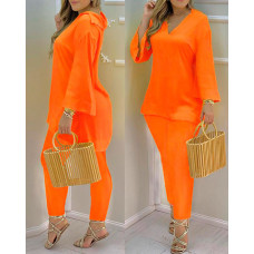 Bell Sleeve V-Neck Casual Top & Pants Set - orange