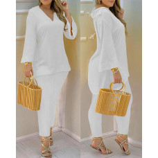 Bell Sleeve V-Neck Casual Top & Pants Set - white