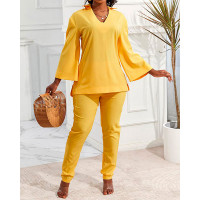 Bell Sleeve V-Neck Casual Top & Pants Set - yellow