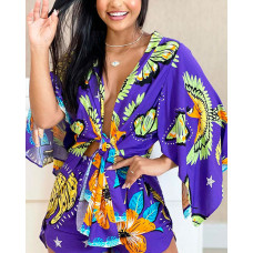 Bird Butterfly Print Cloak Sleeve Tied Detail Top & Shorts Set - purple