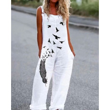 Bird Feather Print Sleeveless Pocket Design Jumpsuit - white