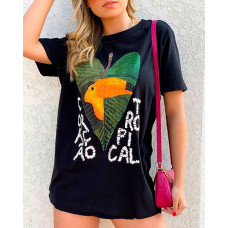 Bird Leaf Letter Print Casual T-shirt - black