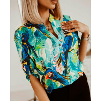 Bird Tropical Print Button Front Top - green