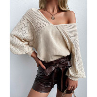 Bishop Sleeve V-Neck Open Knit Sweater - khaki