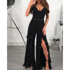 Black Ruffles Hem Split Leg Jumpsuit - black