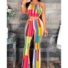 Blockcolor Striped Strappy Top /w Pants Set - Multicolor