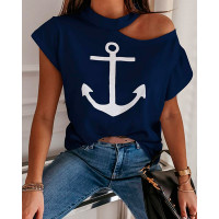 Boat Anchor Print Cold Shoulder Casual T-shirt - purplish blue