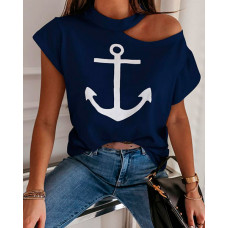 Boat Anchor Print Cold Shoulder Casual T-shirt - purplish blue