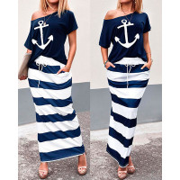 Boat Anchor Print T-Shirt & Striped Drawstring Skirt Set - blue