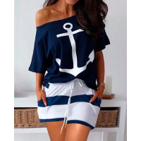 Boat Anchor Print Top & Striped Print Drawstring Shorts Sets - blue