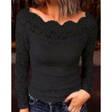 Boat Neck Scallop Trim Lace Top - black