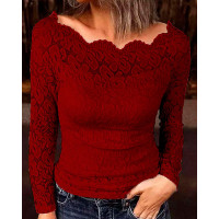 Boat Neck Scallop Trim Lace Top - Wine red