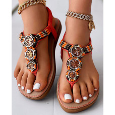 Bohemian Beaded Toe Post Summer Beach Sandals - orange