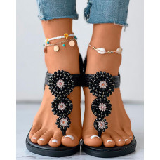 Bohemian Slingback Toe Post Beaded Sandals - black