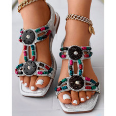 Bohemian Tribal Beaded Summer Beach Sandals - silver