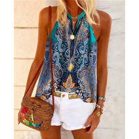 Bohemian Tribal Print Casual Tank Top - blue