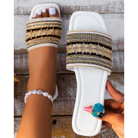 Bohemian Tribal Wide Strap Beach Slippers - white