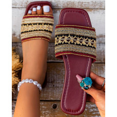 Bohemian Tribal Wide Strap Beach Slippers - Wine red