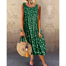 Boho Style Polka Dot Sleeveless Loose Maxi Dress - green