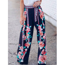 Boho Style Print Wide Leg Belted Pants - black