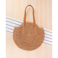 Boho Woven Straw Round Rattan Shoulder Bags - khaki