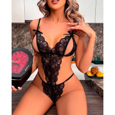 Bow Decor Cutout Backless Crotchless Lace Crotchless Teddy - black