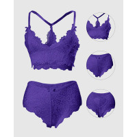 Bow Decor Cutout Lace Lingerie Set - blue