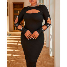 Bow Decor Cutout Long Sleeve Bodycon Dress - black