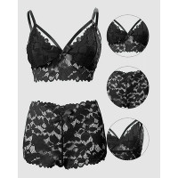 Bow Decor Lace Lingerie Set - black