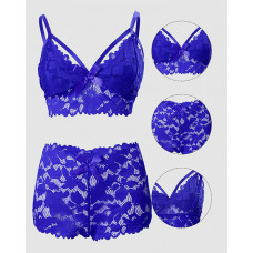 Bow Decor Lace Lingerie Set - blue