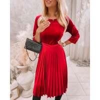 Bowknot Back Velvet Pleated Casual Dress - red