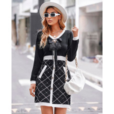 Bowknot Decor Argyle Pattern Knit Work Dress - black