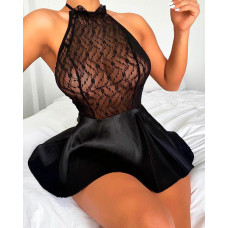 Bowknot Decor Backless Halter Lace Babydoll - black