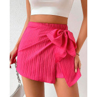 Bowknot Decor Casual Textured Skorts - hot pink