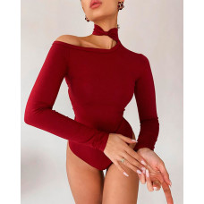 Bowknot Decor Cold Shoulder Skinny Bodysuit - Wine red