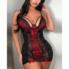 Bowknot Decor Colorblock Lace Babydoll With Thong - red