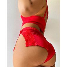 Bowknot Decor Contrast Lace Split Hem Cami Set - red