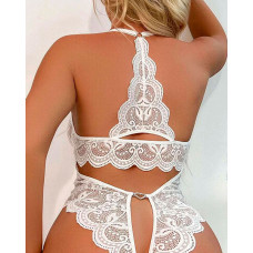 Bowknot Decor Crotchless Halter Backless Teddy - white