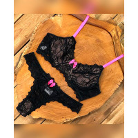 Bowknot Decor Lace Lingerie Set - black