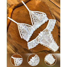 Bowknot Decor Lace Lingerie Set - white