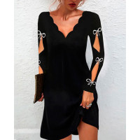 Bowknot Decor Long Sleeve Casual Dress - black