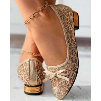 Bowknot Decor Mesh Sequin Loafers - gold